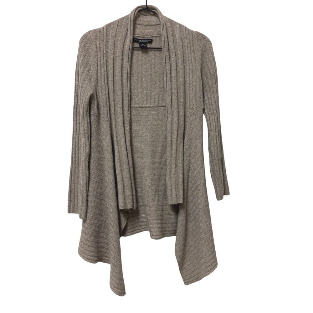 Elena Solano 100% Cashmere Ribbed Cardigan Taupe Brown Open Front Womens‎ M